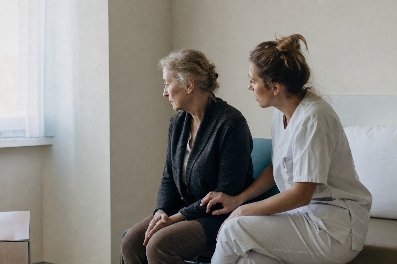 A nurse leaning in to reassure an older patient who has turned her face away, unconvinced