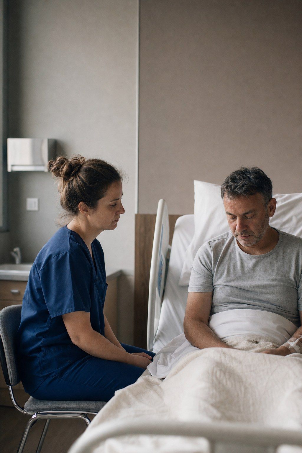 A nurse sitting at the patient’s eye level with her hands still, waiting in silence