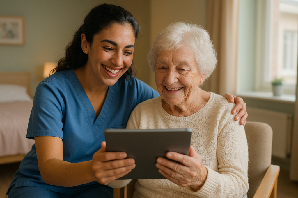 A nursing assistant supporting an older resident in a long-term care home