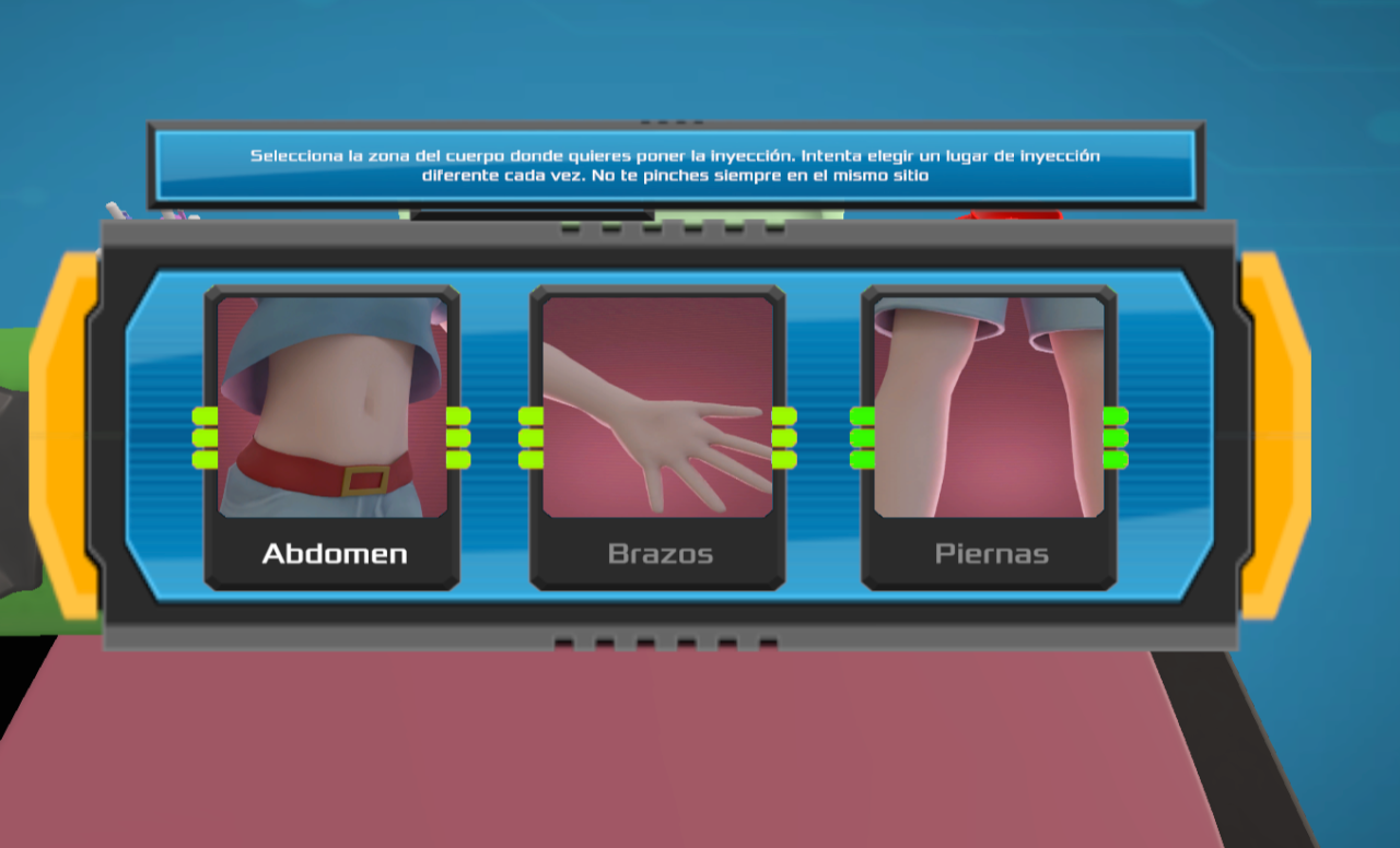 Interactive 3D simulation: choosing where to give the injection — abdomen, arms or legs — with on-screen guidance.
