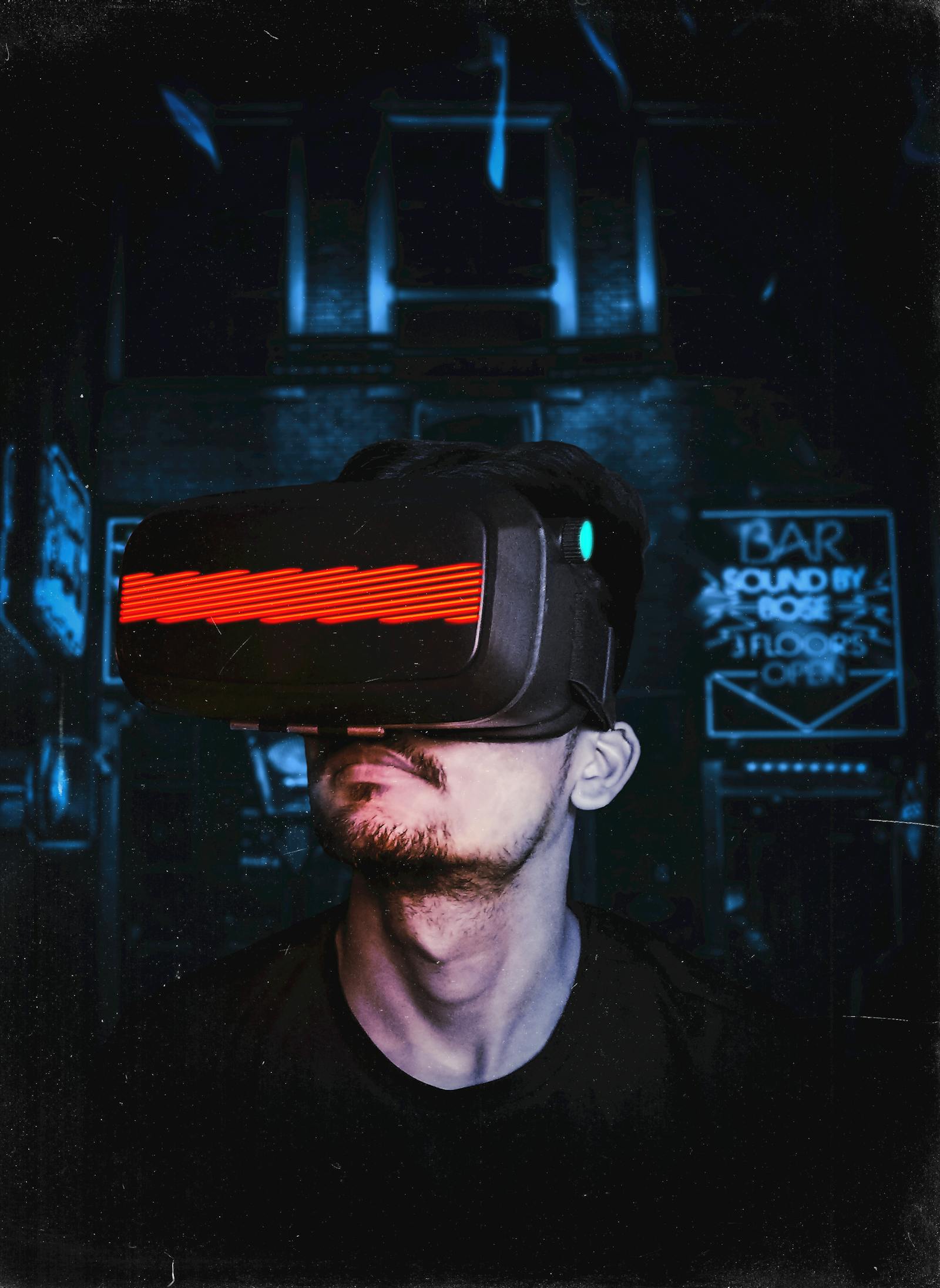 A person wearing a virtual reality headset, immersed in a simulated environment