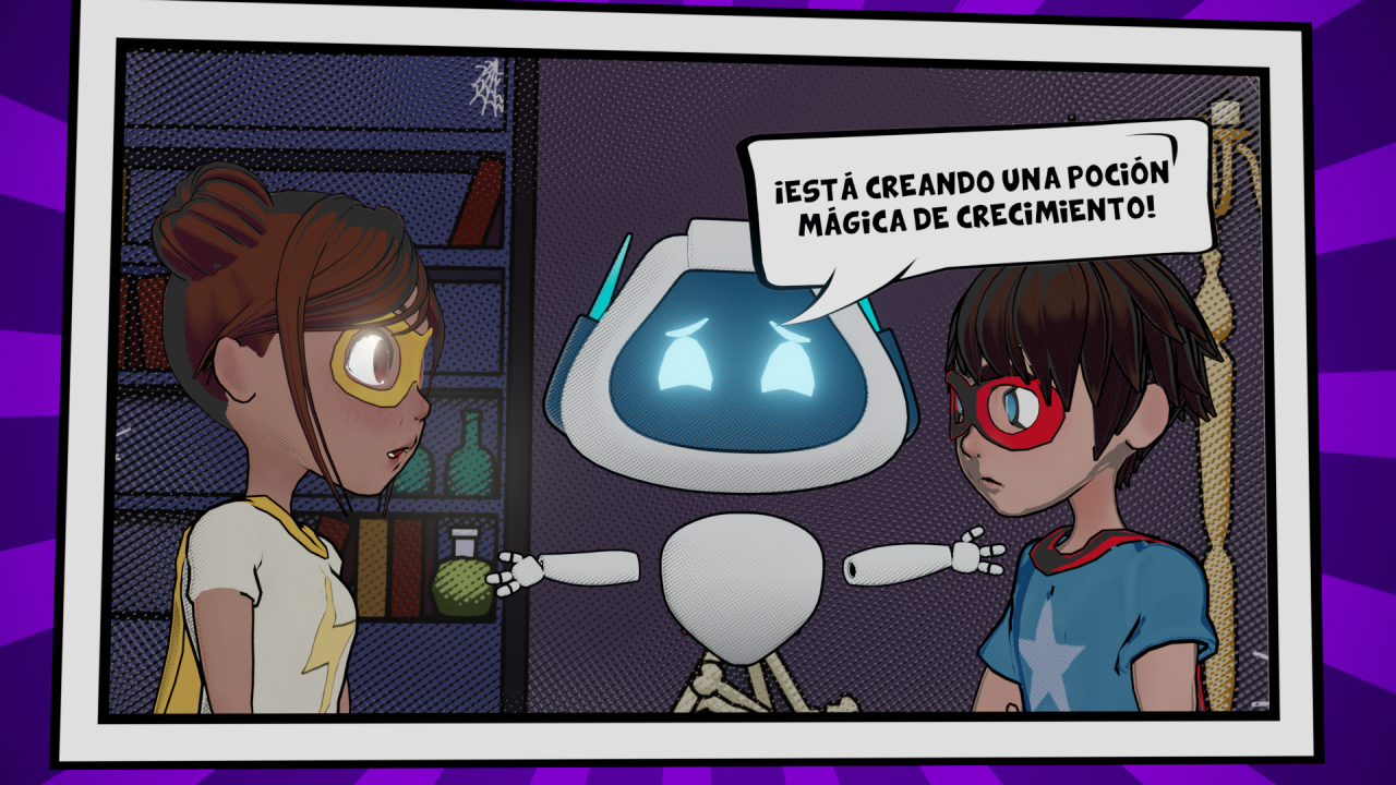 Comic panel: a friendly robot teacher tells two children it is creating a 'magic growth potion'.