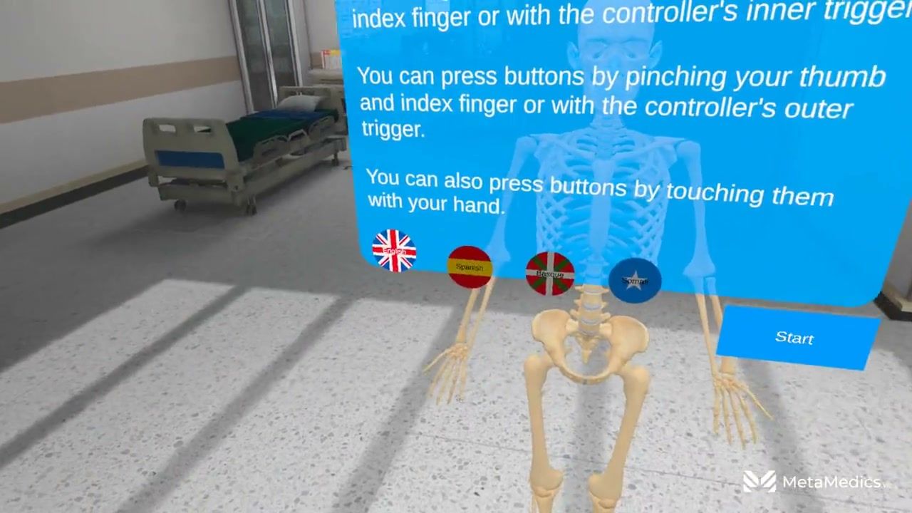 Onboarding screen of the anatomy simulation with the language selector — instructions and labels switch to the learner's language