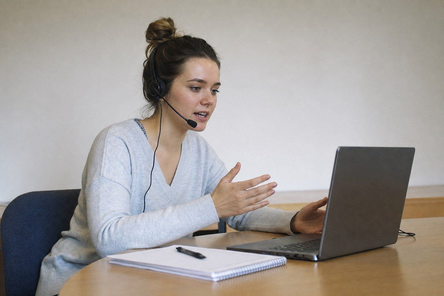 A nursing student wearing a headset, talking out loud to a virtual patient on her laptop