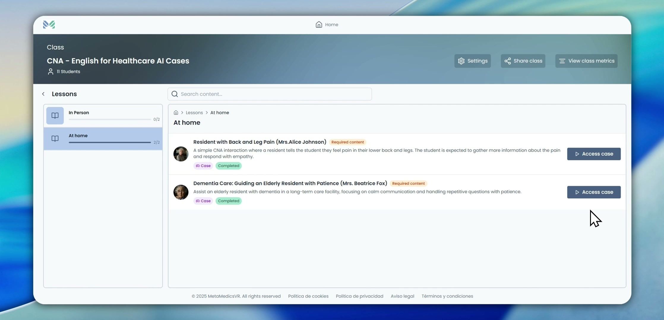 A class in the AI Platform, “CNA – English for Healthcare AI Cases,” with two required AI patient cases listed