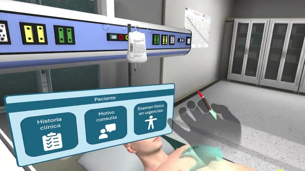 The ECG station in the MetaMedicsVR simulator, with the patient menu open