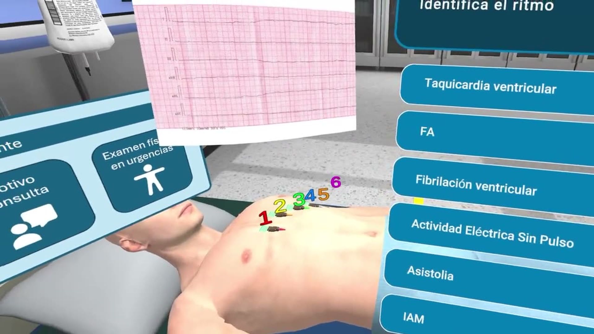 The ECG simulator asking a student to identify the rhythm, with the printed strip above the patient