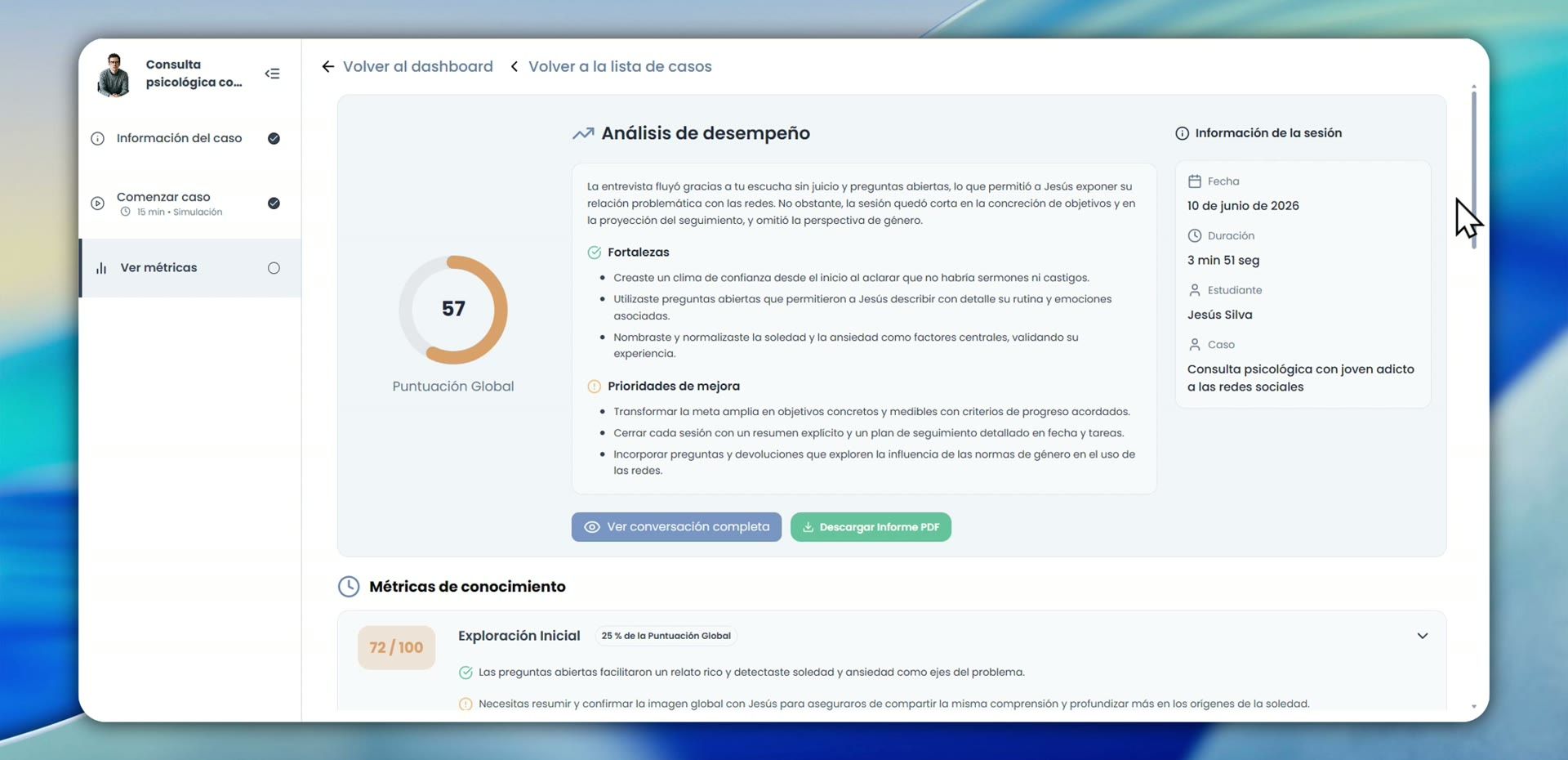 El análisis de una conversación simulada con un paciente virtual, con notas separadas para la interacción y para la empatía y la escucha