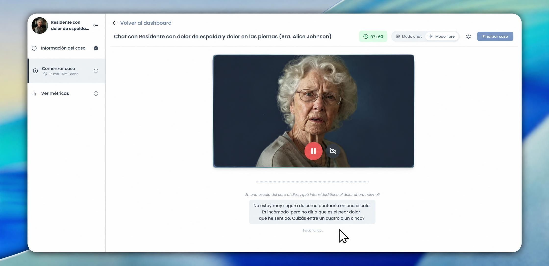 Sesión real de la AI Platform: la residente virtual responde a la pregunta del alumno sobre su dolor en una escala del cero al diez
