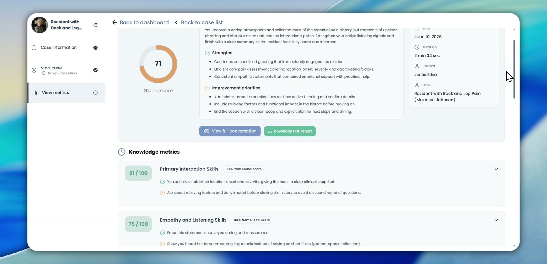 The screen-based simulator’s feedback report: global score, strengths and improvement priorities