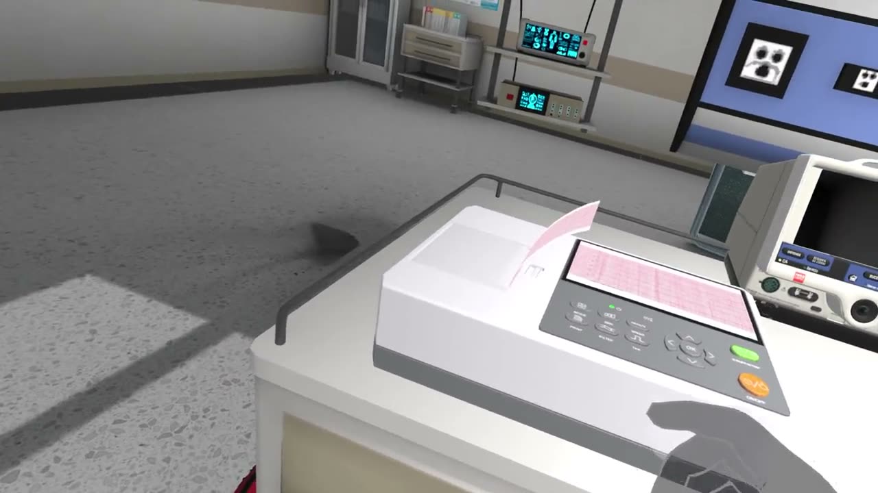 An electrocardiograph printing a rhythm strip in the simulated emergency room