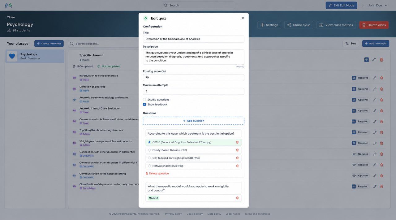 The authoring tool’s quiz editor open over a class’s activity list