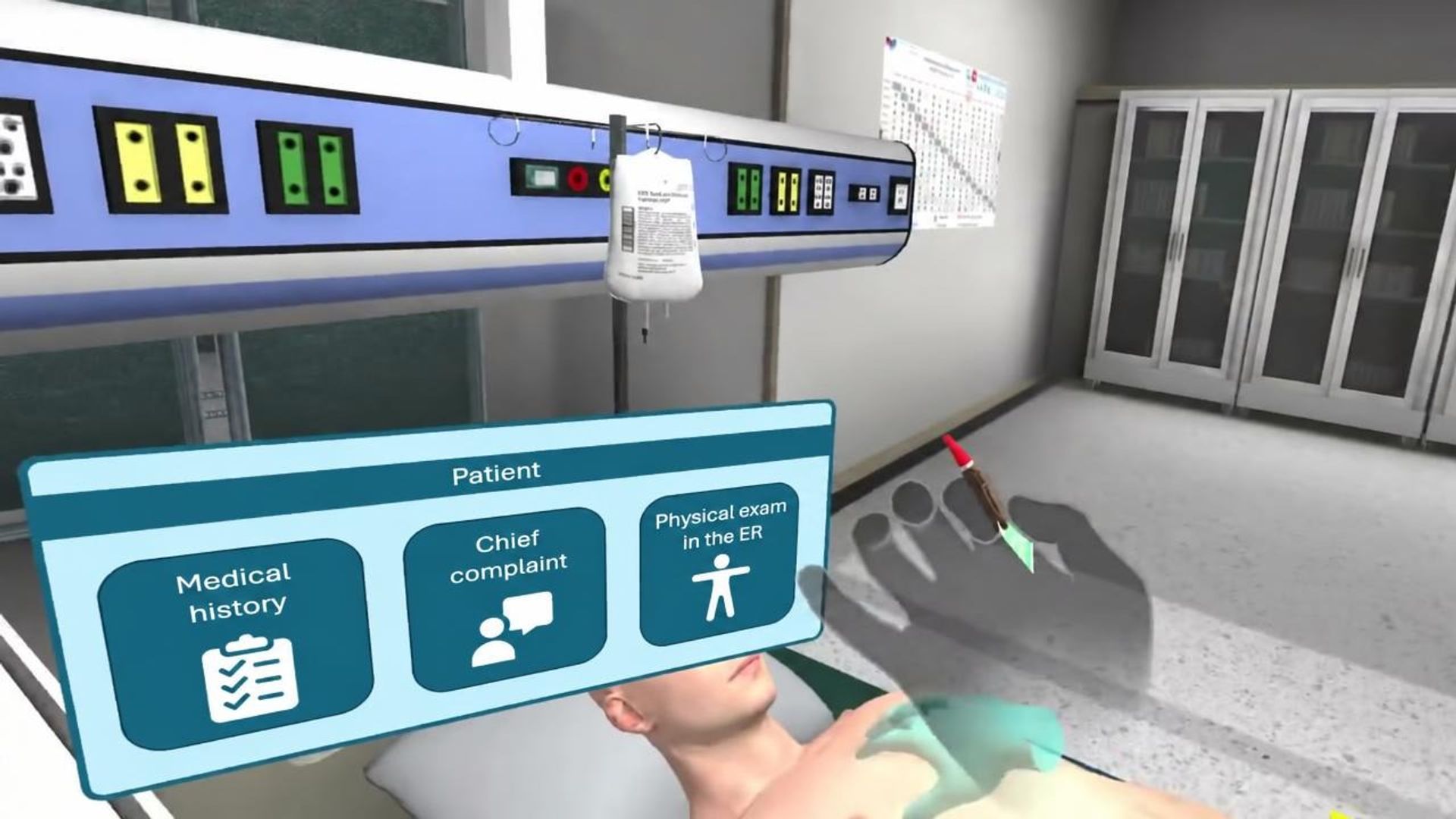 The ECG station in the simulator, with the patient menu open