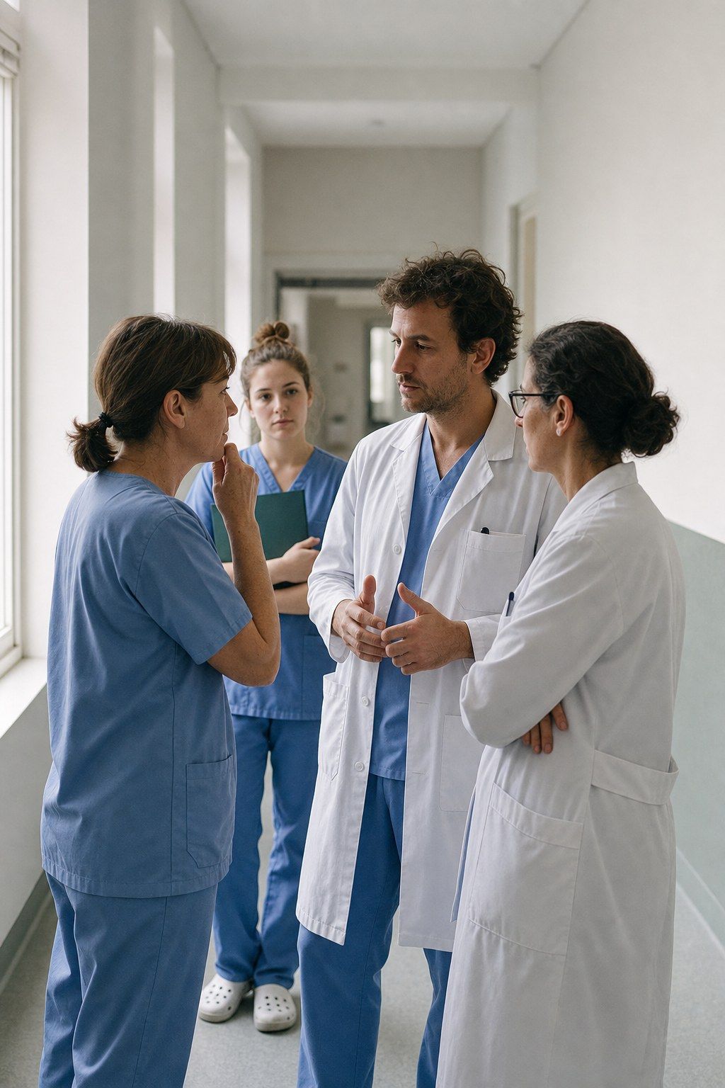 Three clinicians talking among themselves in a corridor while a nursing student listens from a step behind