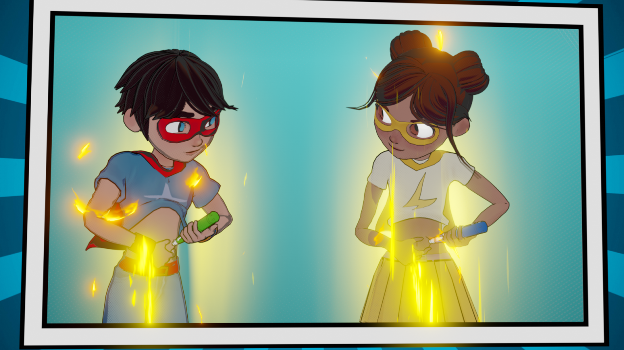 Comic illustration: two children gain glowing superpowers as they begin their growth-hormone treatment.