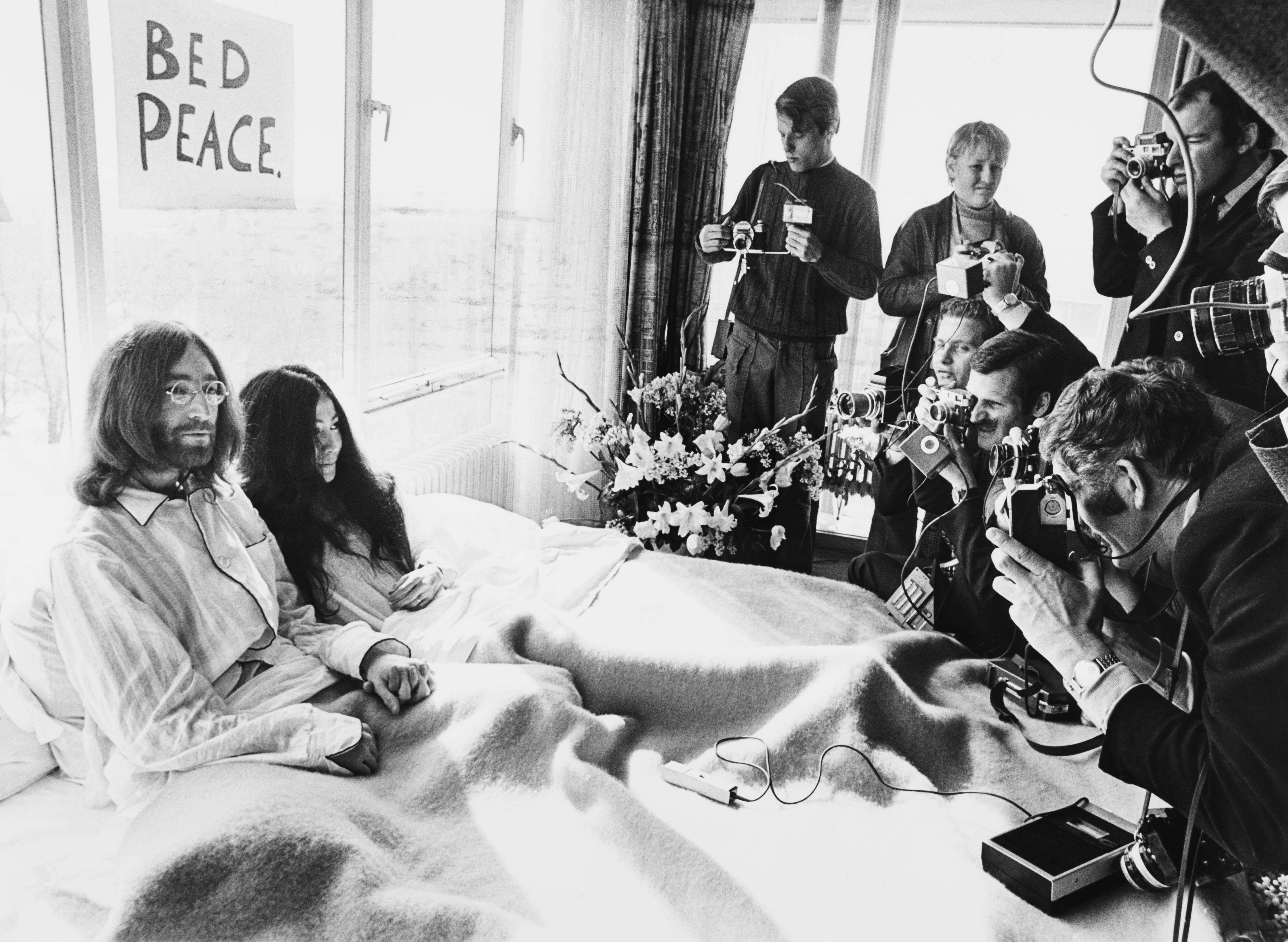 John Lennon and Yoko Ono at Amsterdam Hilton during their Bed-in for Peace event, March 1969 
