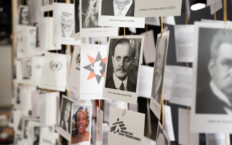The peace prize laureate images, hanging on a thread.