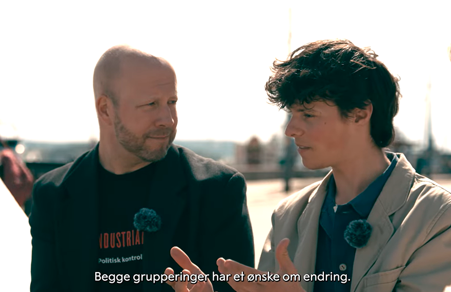 Represetants from Industriaksjonen and natur og ungdom being interviewed in front of the nobel peace center.