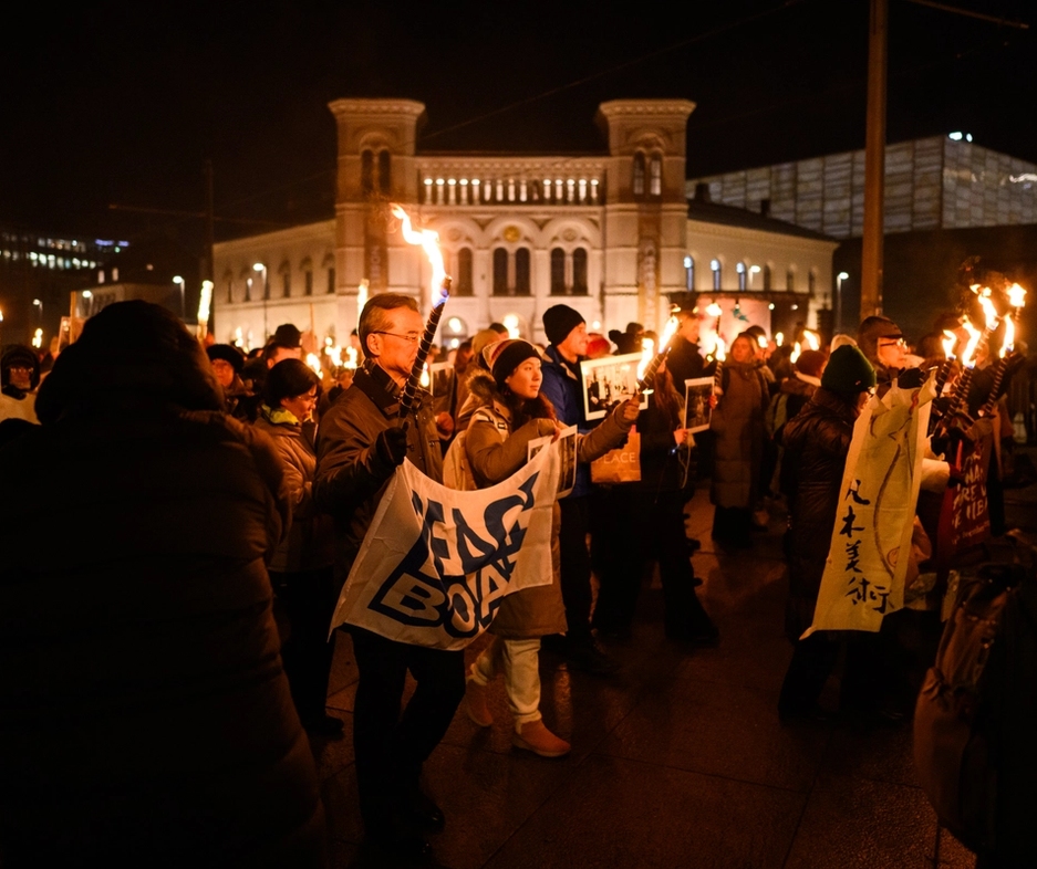 Torchlight procession in front of the nobel peace center in 2024.