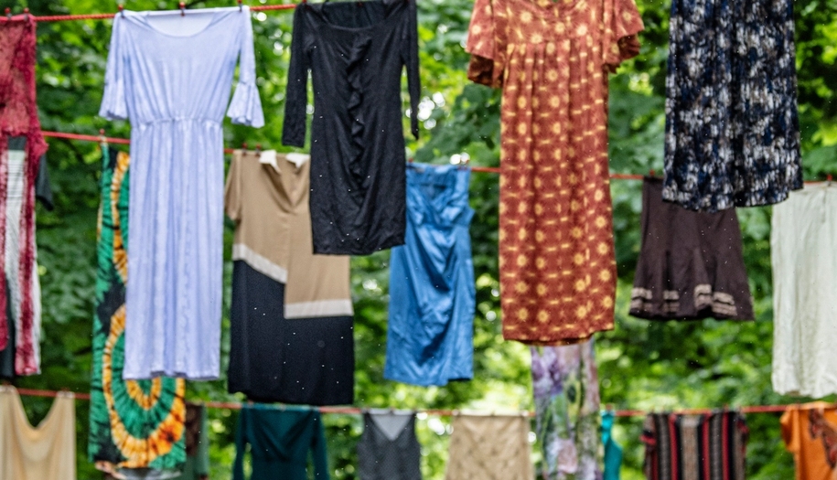 dresses hanging on strings