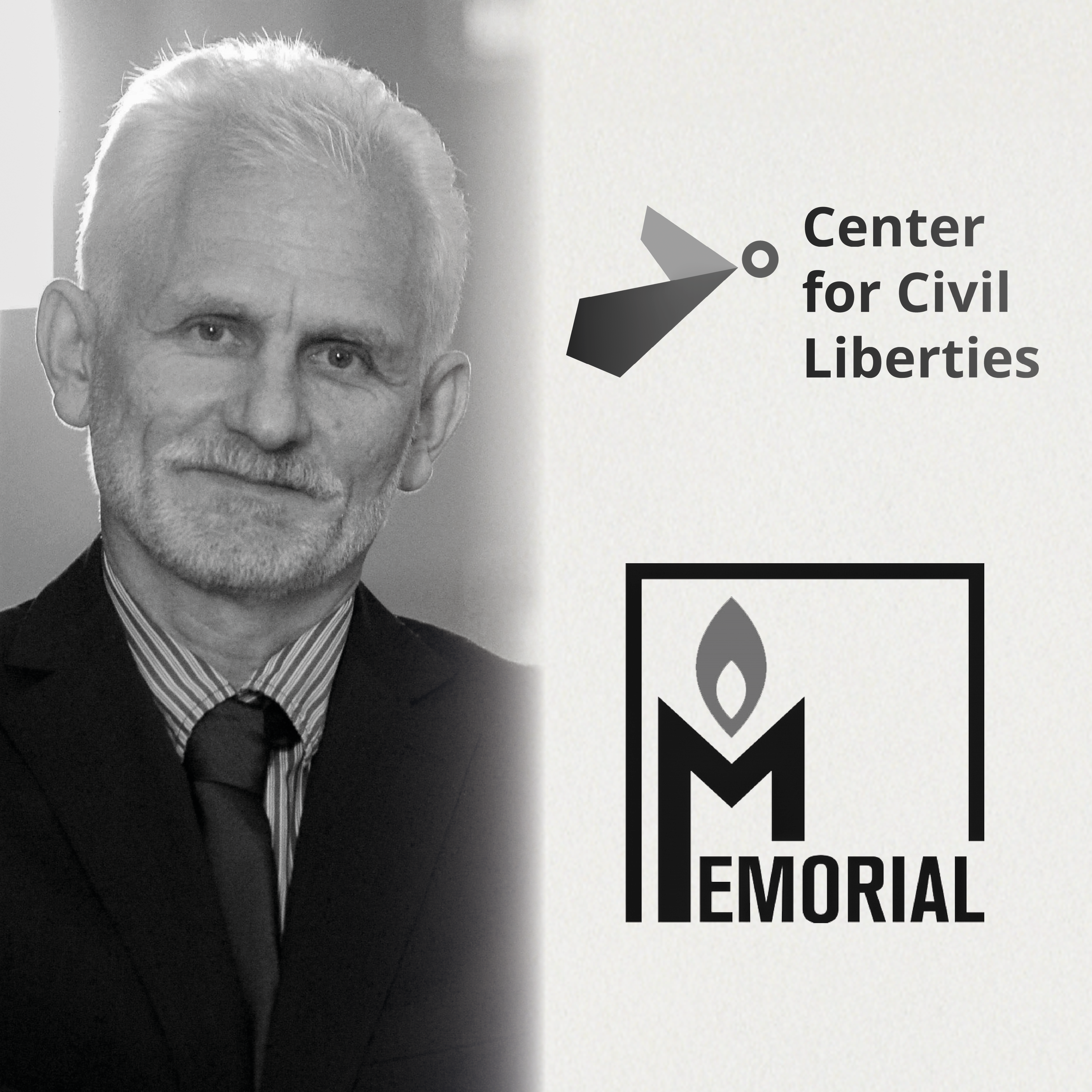 portrait of ales bialiatski and the logos of ccl and memorial