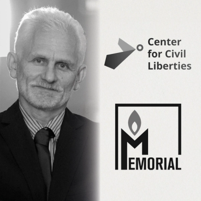 portrait of ales bialiatski and the logos of ccl and memorial