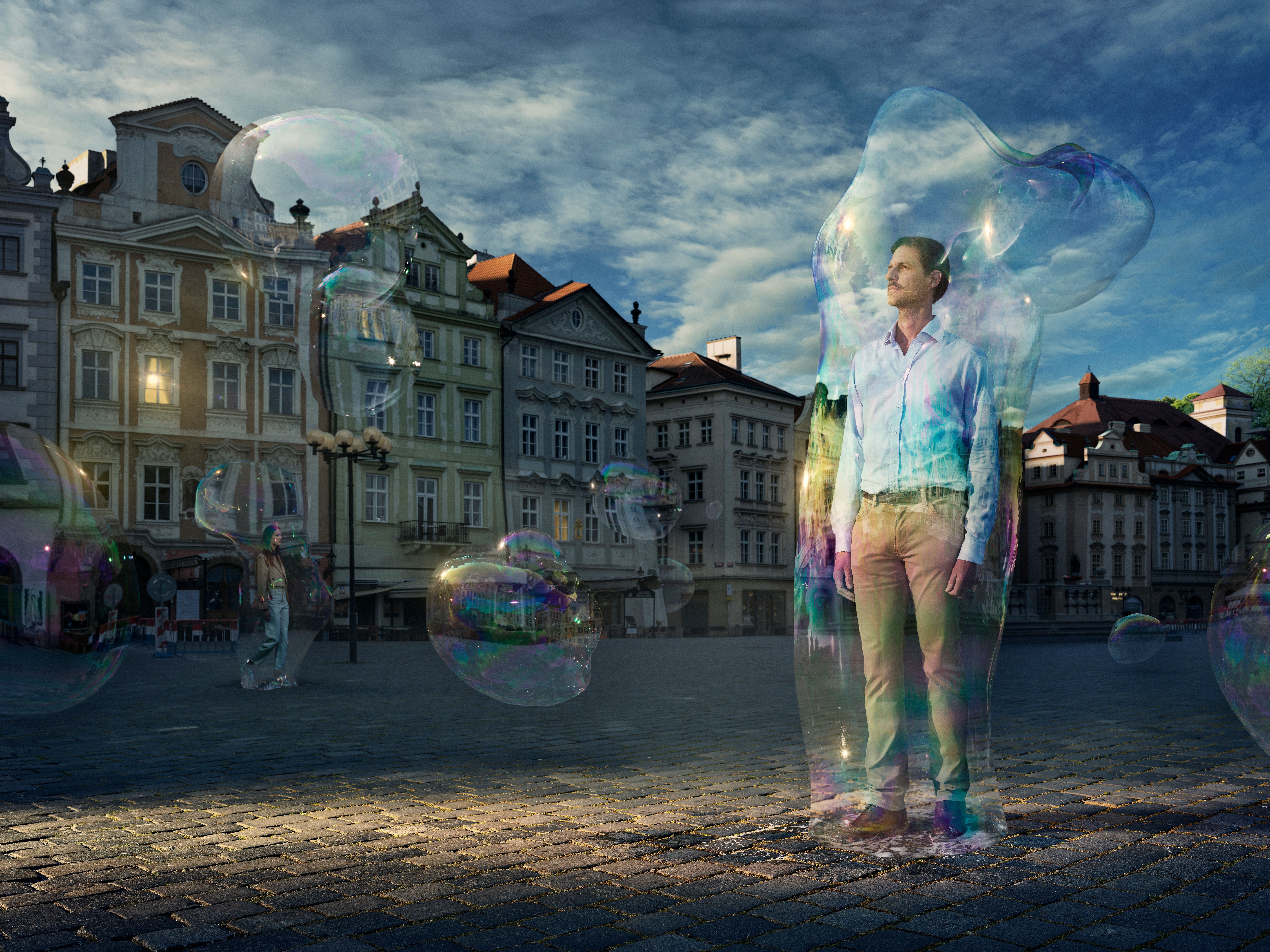 filter bubble around a man on street.