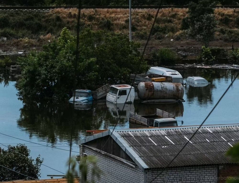 a flooded backyard with vehicles floating.