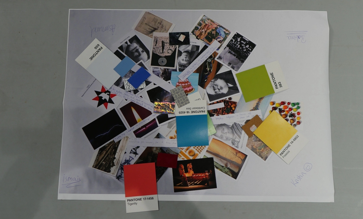 collage of immages and colors and tiny objects.