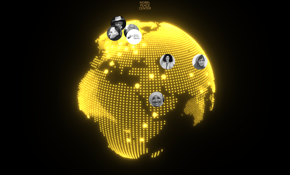 the globe, in golden glow and lights.