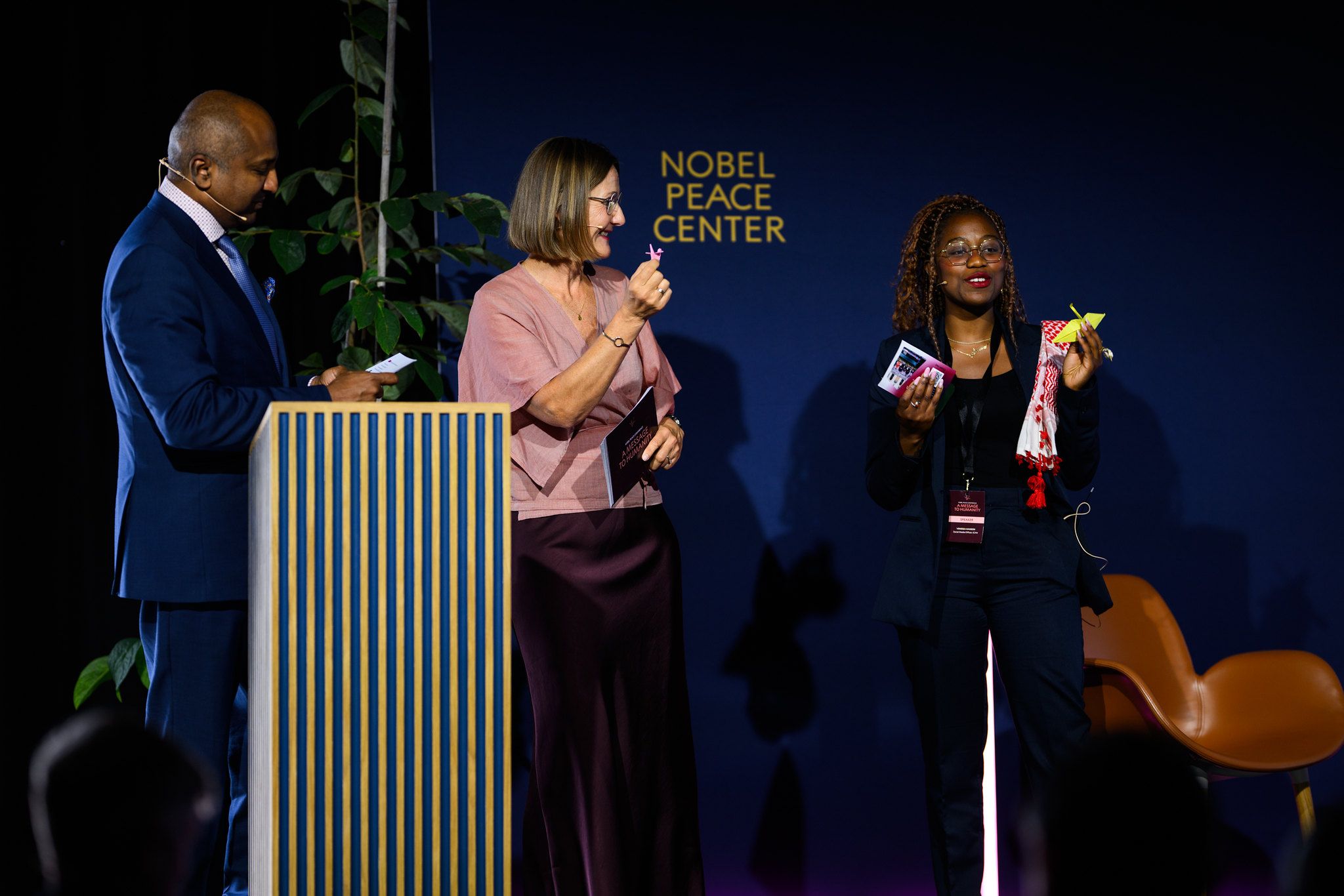 Sree Sreenivasan, Ingvill Bryn Rambøl and Venessa Hanson on stage.
