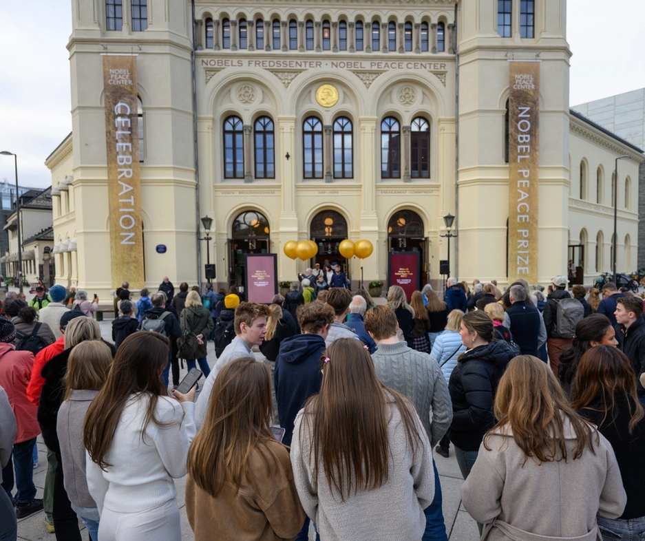 People gathered outside the Nobel Peace Center.