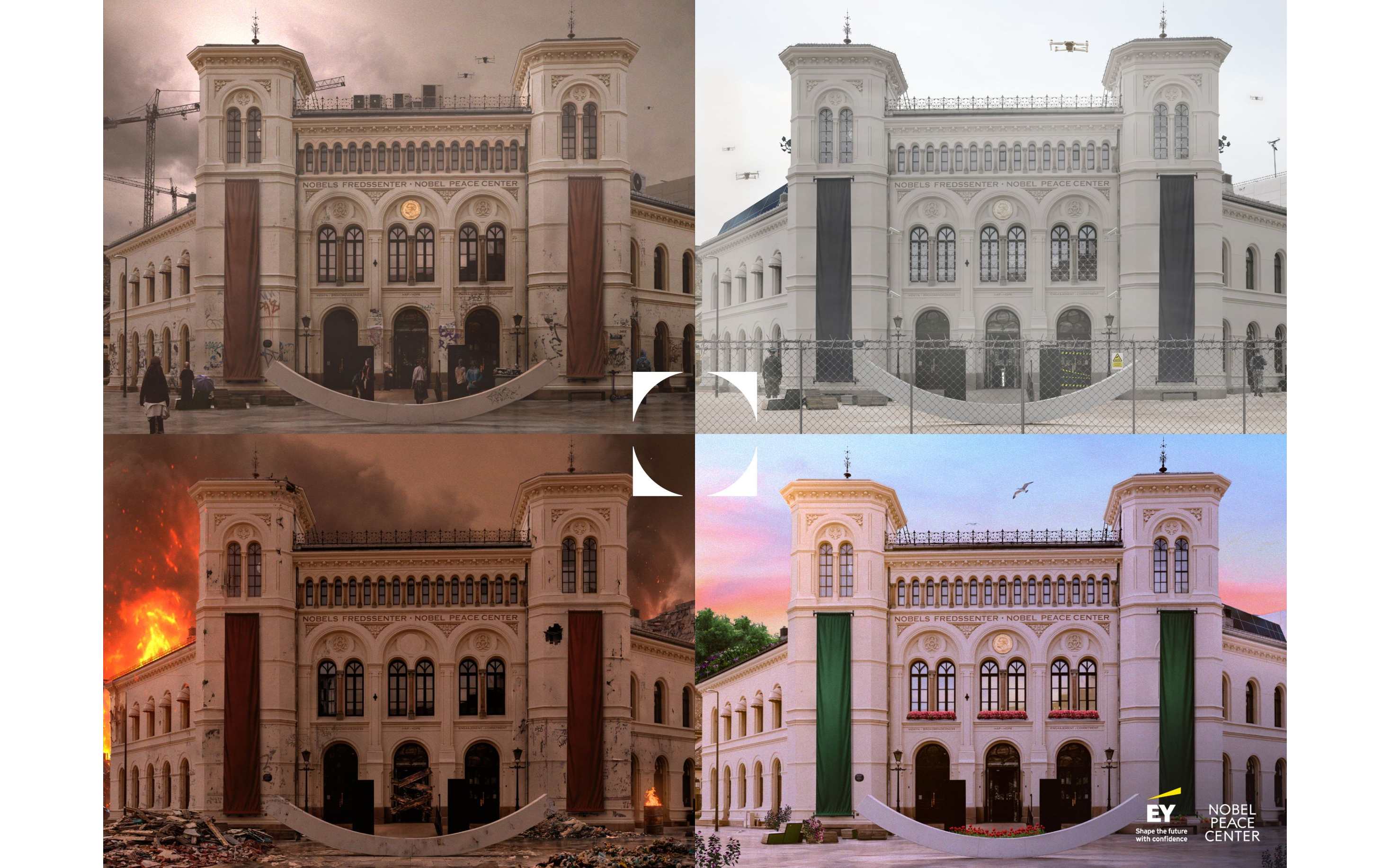 Four images of the fasade of the nobel peace center, presenting four alternate futures.