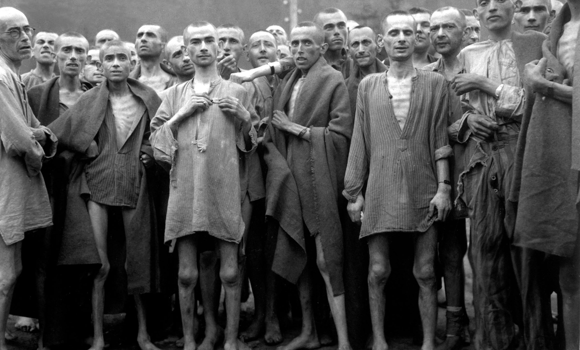 Archive photos from a concentration camp and prisoners.