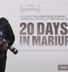 Showing movie poster with a reporter wearing a helmet and protective vest in Ukraine.