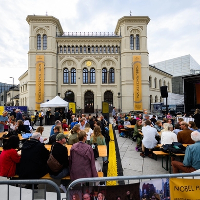 front of the nobel peace center. people gathered around.