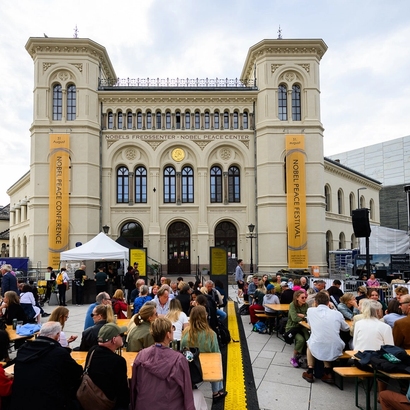 the fasade of the nobel peace center, crowds outside.