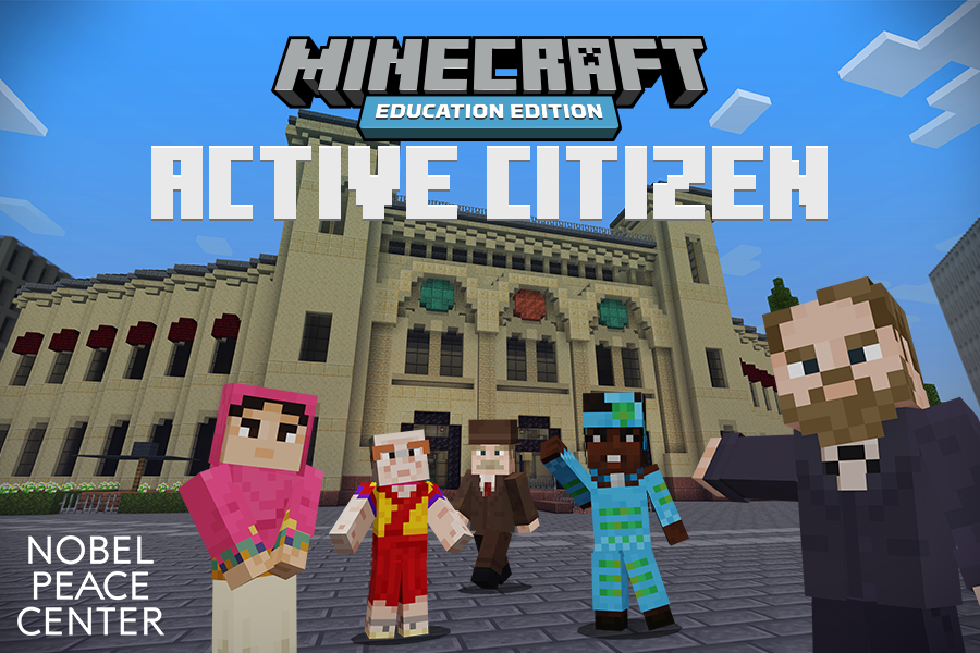 Graphic of Peace Prize laureates in the Minecraft world