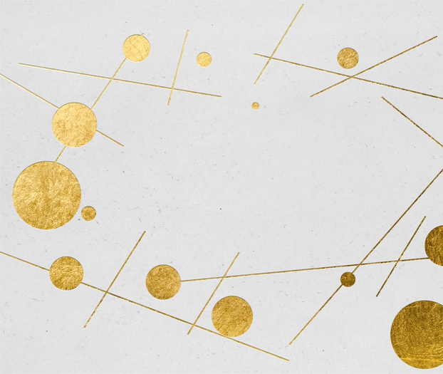 Illustrasjon av streker og sirkler i gull med hvit bakgrunn