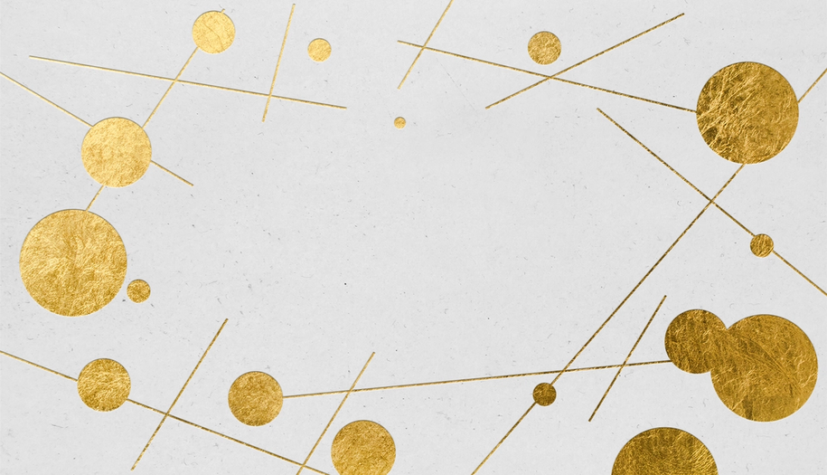 Illustrasjon av streker og sirkler i gull med hvit bakgrunn