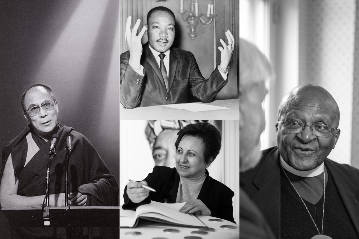 en bildecollage som viser forskjellige fredsprisvinnere. Dalai Lama, Desmond Tutu, Shirin Ebadi og Martin Luther King Jr.