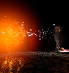 Foto av kvinne som ser en atombombe virtuelt eksplodere foran henne mens hun sitter ved skolebenken. Fotografiet er manipulert med illustrasjoner og grafisk innhold av den virtuelle atombomben.