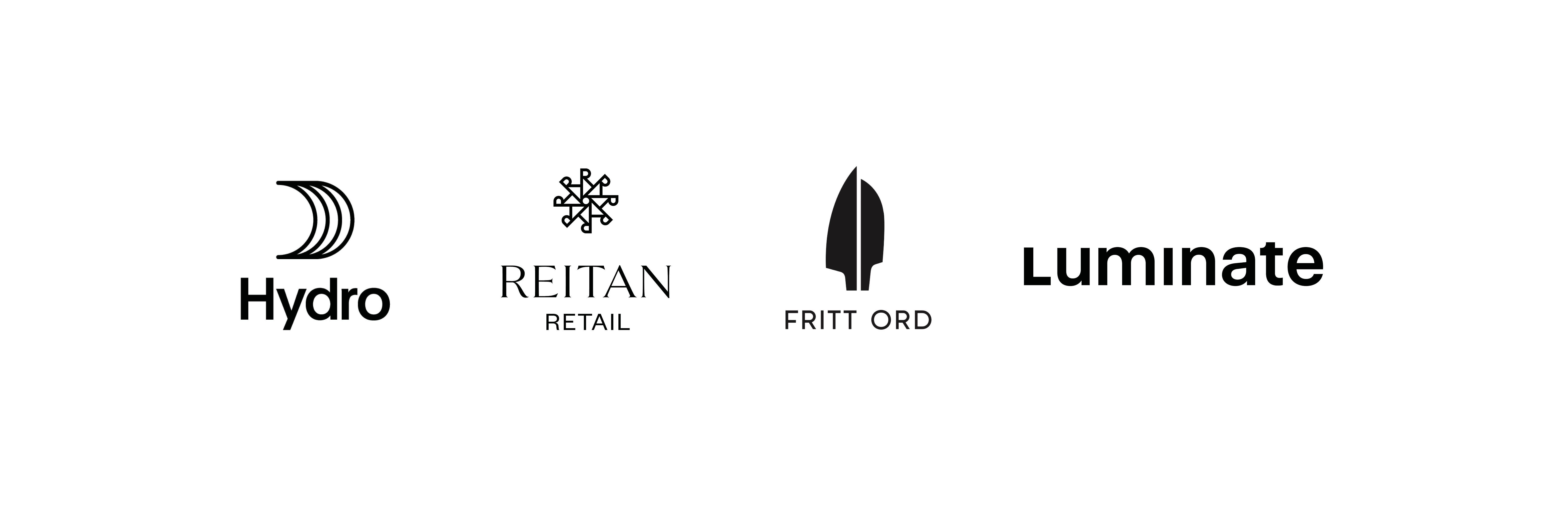 Logorekke med Norsk Hydro, Reitan Retail, Fritt Ord og Luminate