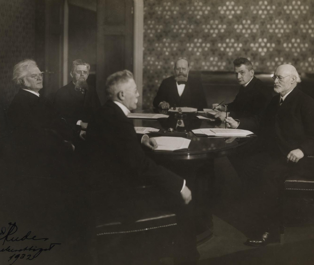 Møte i Nobelkomiteen 1905. Bjørnstjerne Bjørnson, John Lund, Hans Jacob Horst, Jørgen Løvland, Chr. L. Lange, Carl Berner