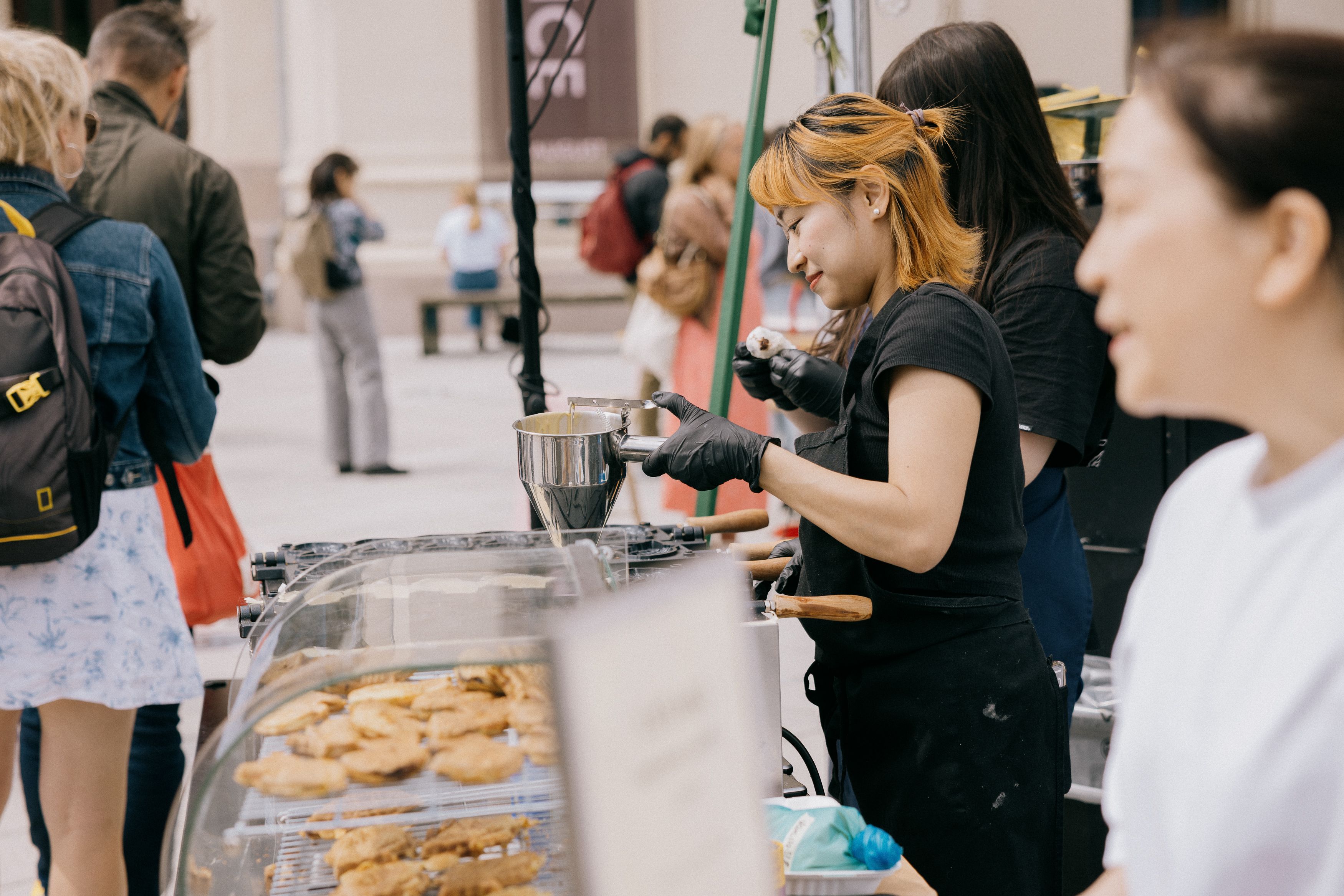 Mat ble solgt, japanske vafler formet som fisk.