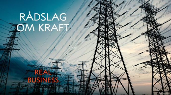 Banner med strømledninger i bakgrunnen. Teksten sier "rådslag om kraft". og "real business"