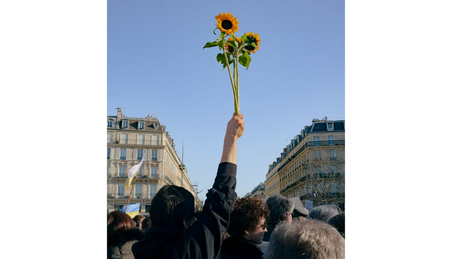 Person holding a sunflower in the middle of a demonstration, in Paris.