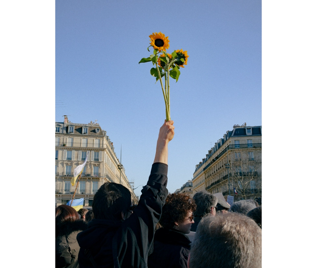 Person holding a sunflower in the middle of a demonstration, in Paris.