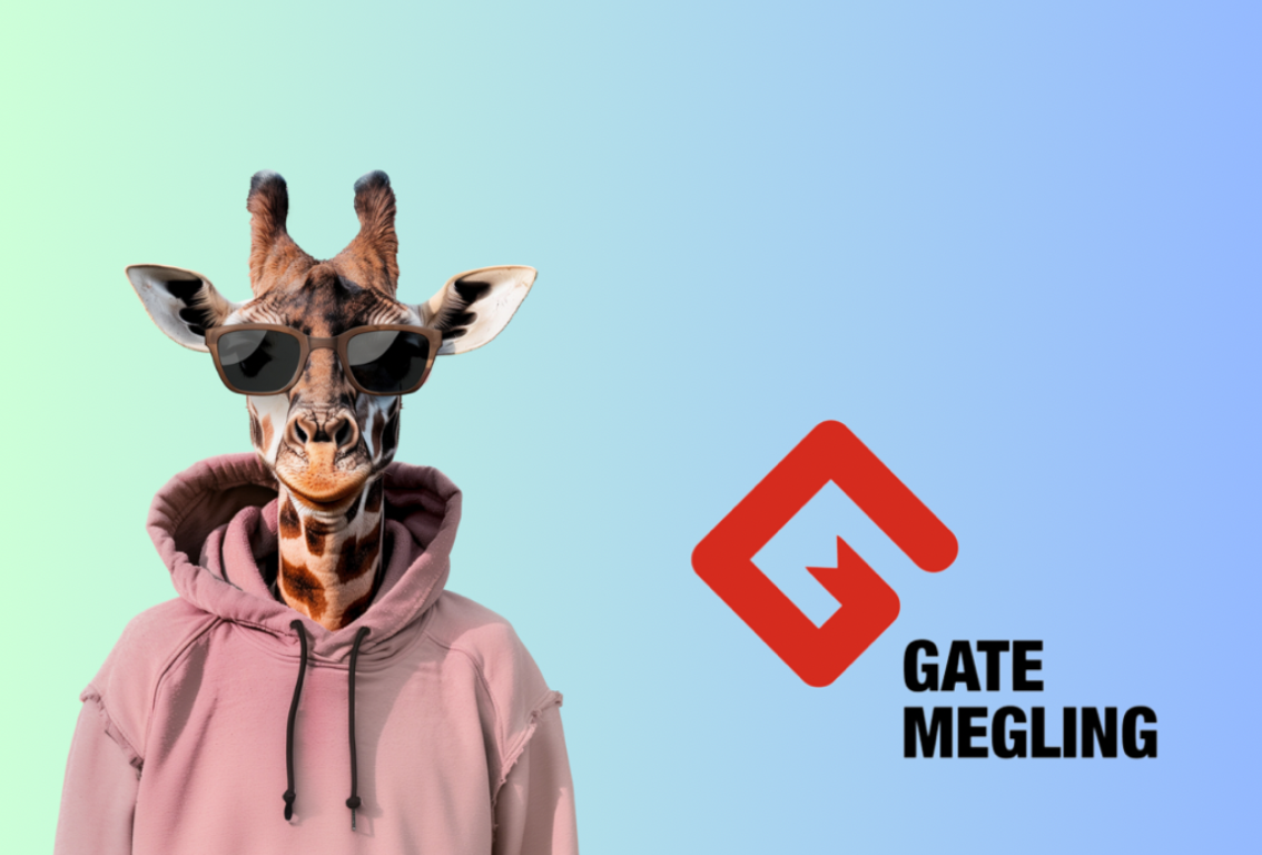 sjiraff med solbriller og hettegenser. og logo for gate megling.