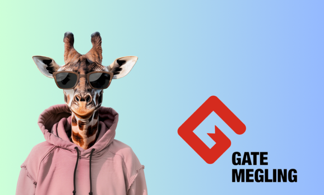 sjiraff med solbriller og hettegenser. og logo for gate megling.